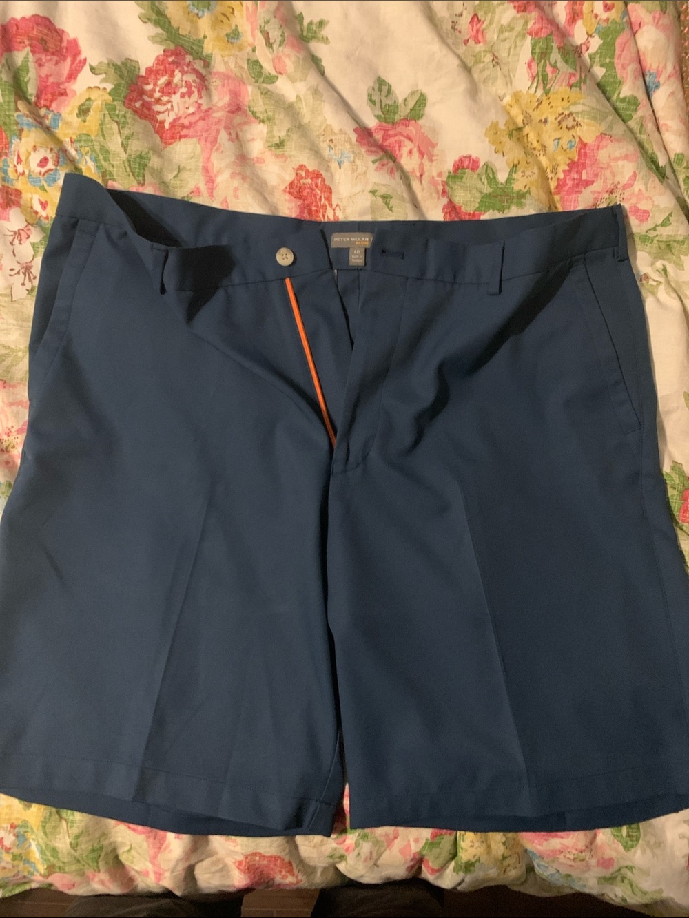 Peter Millar Navy Flat-Front Shorts with Orange Accent